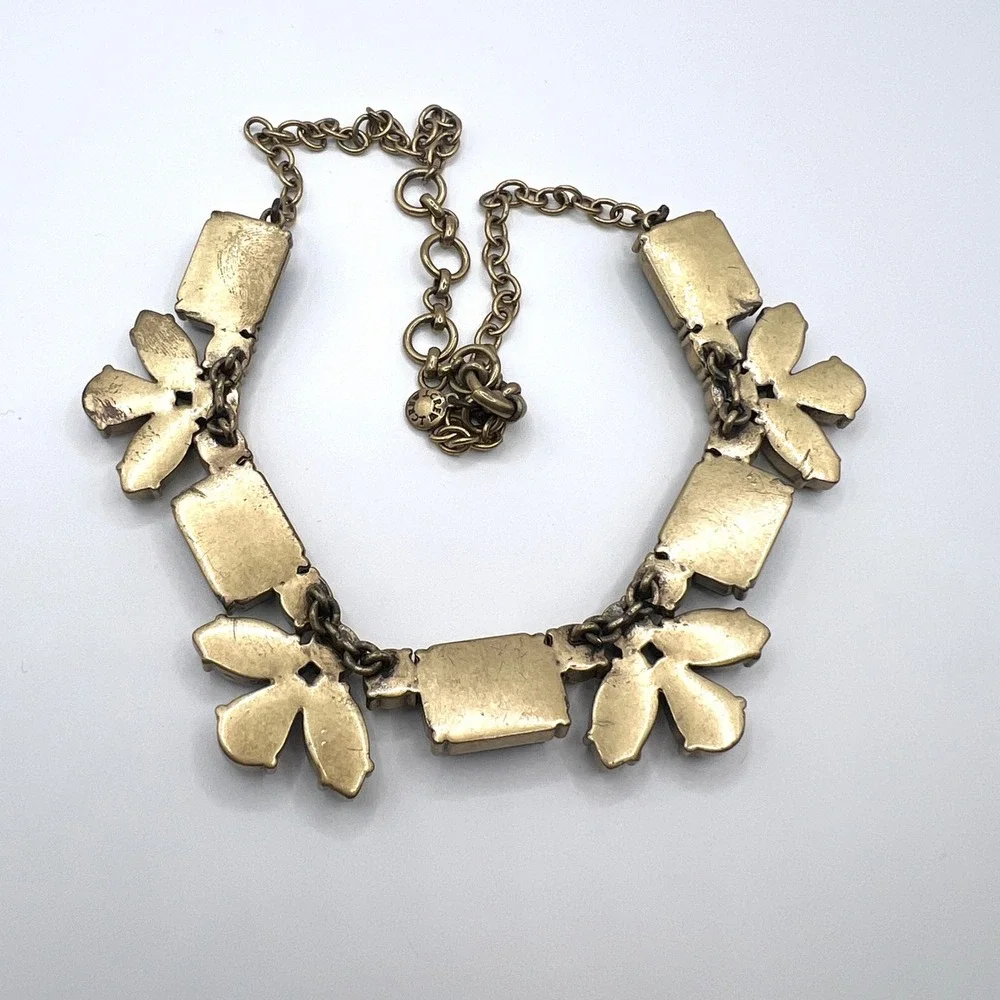 J.Crew Blue Smoky Grey Crystal Statement Bib Necklace Antiqued Brass Tone 18